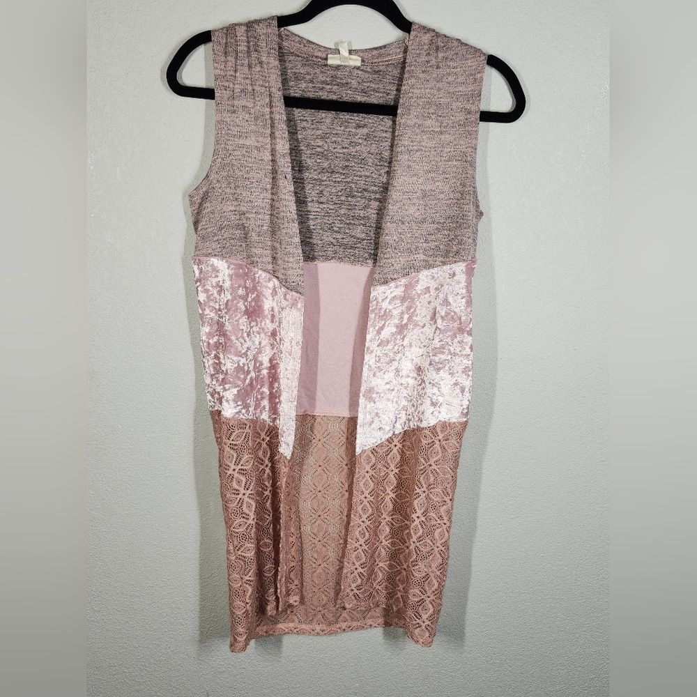 3/$25 Self Esteem Women’s Colorblock Open Front Vest Medium Pink Lace Velvet Y2K